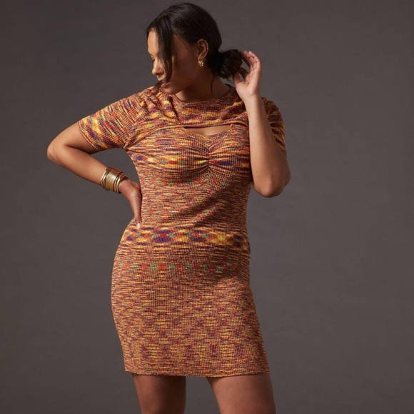 Anthropologie Current Air Short sleeve orange knit Cutout Mini Dress Small NWT - Picture 1 of 11